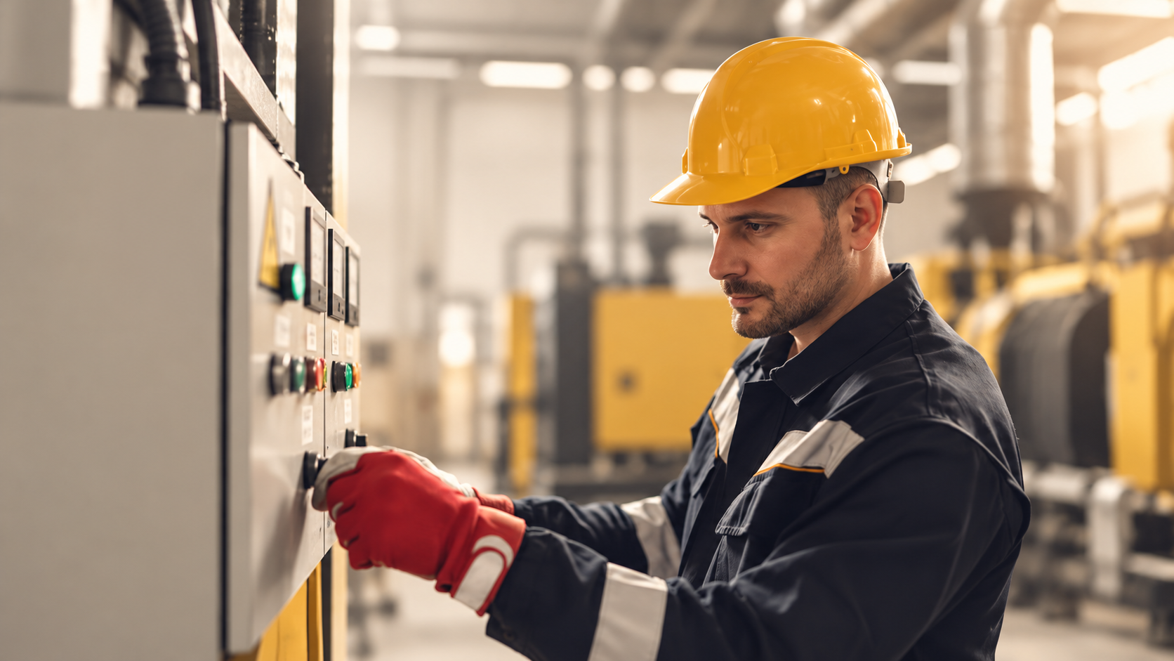 Technician operating a commercial generator control panel